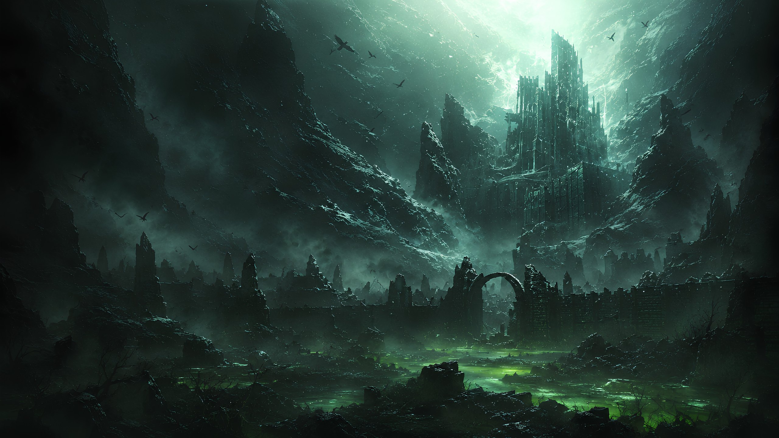 A dark fantasy battlefield representing the card archive